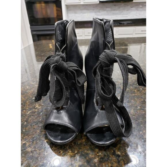 Just Fab Ankle Wrap Booties Women's 8 Black Leather Harper Peep Toe Back Zip - Picture 2 of 11